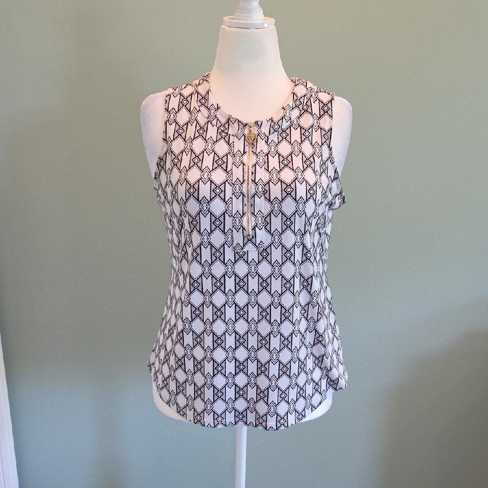 Anne Klein Black and White Geometric Blouse Women's With Gold Accent Size M